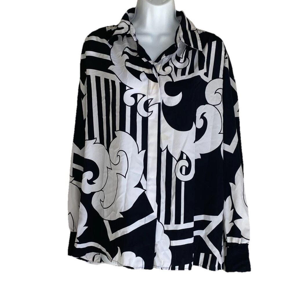 Vintage 90's Brownstone Studio Plus 2X Black & White Button-Front Blouse Top